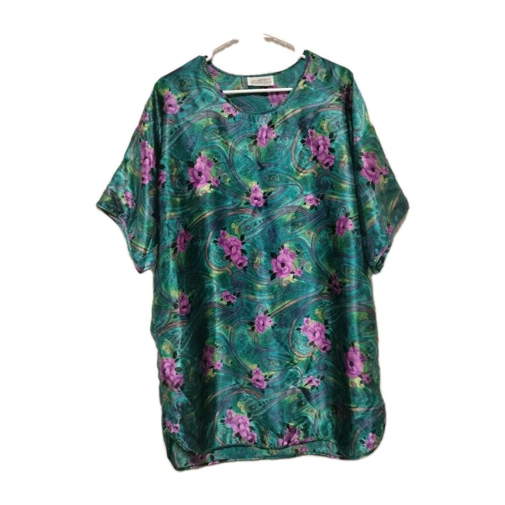 Featherbed Women's Sleep Shirt Satin Teal Floral Size One Size L/XL 0387